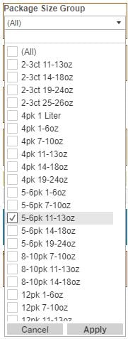 Pkg Size Group filter